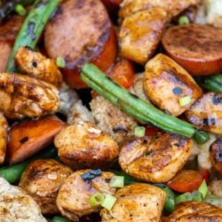 This BBQ Chicken and Smoked Sausage Skillet is the perfect one pan dinner! This meal is loaded with veggies and protein and is about 4 net carbs!