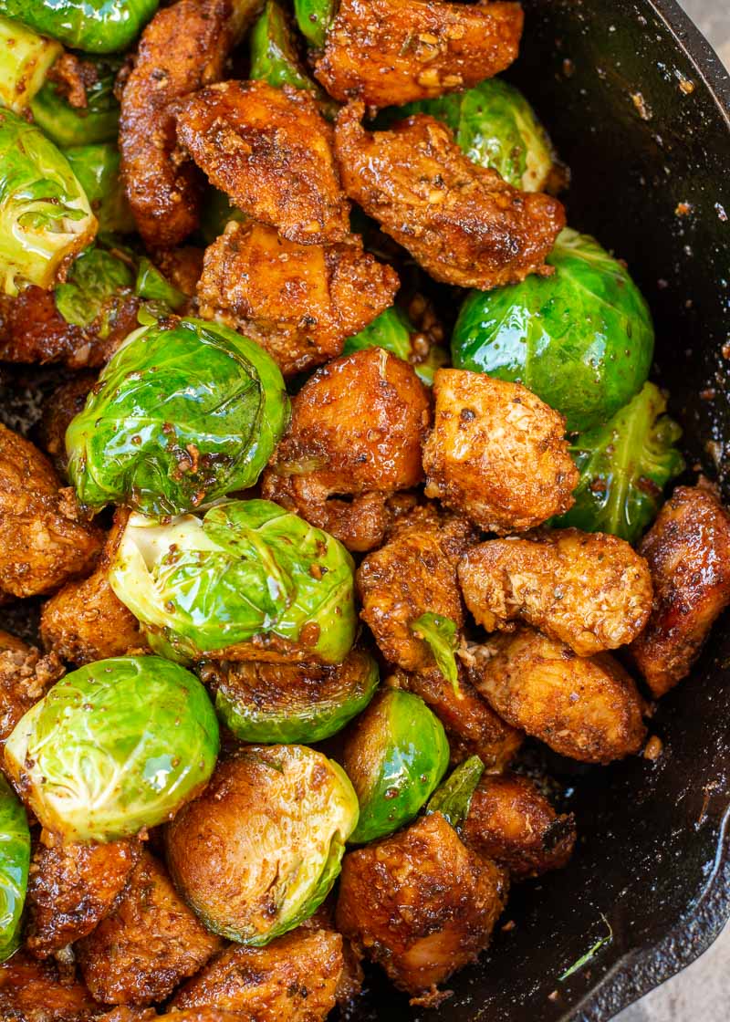 This Blackened Chicken and Brussels Sprouts Skillet is the perfect one pan dinner! This keto recipe is ready in under 30 minutes and is under 7 net carbs!