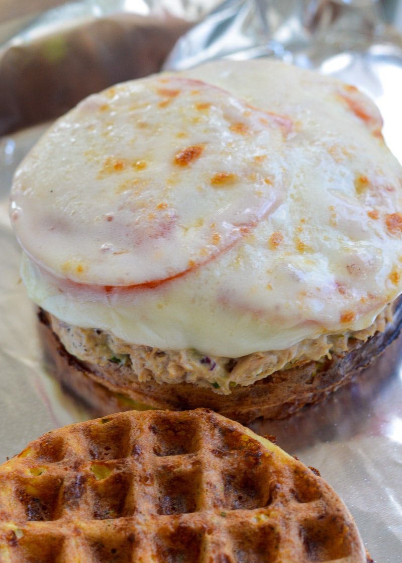 This Tuna Melt Chaffle Sandwich is the perfect keto comfort food. Cheesy, full of protein, and under 7 net carbs!