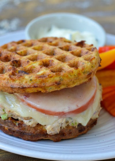 This Tuna Melt Chaffle Sandwich is the perfect keto comfort food. Cheesy, full of protein, and under 7 net carbs!