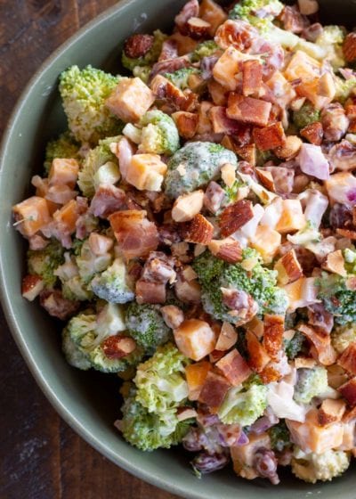This Broccoli Salad with Bacon is the perfect quick and easy side dish! This keto salad has about 4 net carbs per serving and is always a crowd pleaser!