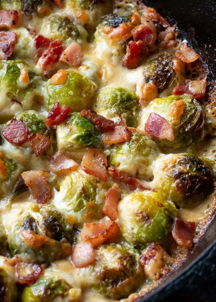 These Cheesy Brussels Sprouts with Bacon are made in one pan and perfect for entertaining! This easy vegetable side dish is low carb and keto-friendly! 