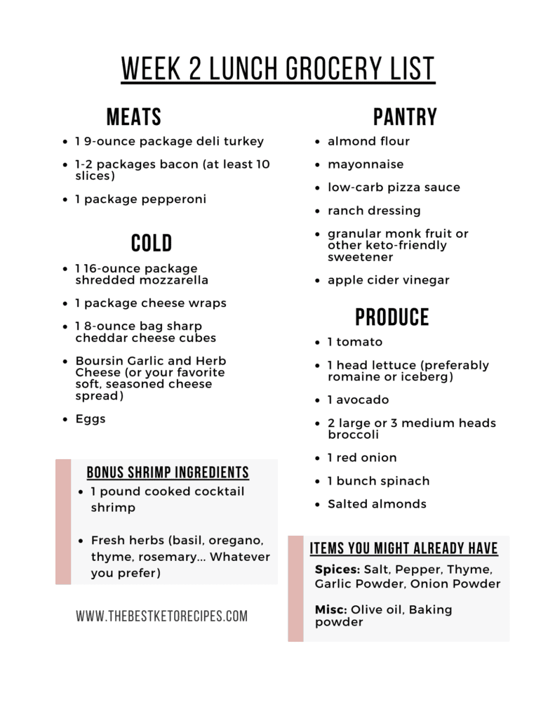 These Weekly Keto Lunch Ideas will help you save money, stay low-carb, and still enjoy delicious food! The printable grocery list, meal prep tips, and breakfast and dinner suggestions are just the cherry on top!