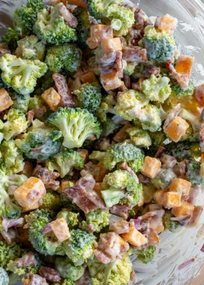 This Broccoli Salad with Bacon is the perfect quick and easy side dish! This keto salad has about 4 net carbs per serving and is always a crowd pleaser!