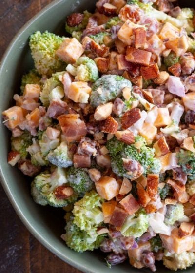 This Broccoli Salad with Bacon is the perfect quick and easy side dish! This keto salad has about 4 net carbs per serving and is always a crowd pleaser!