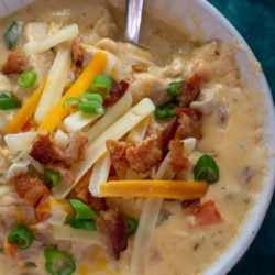 This Chicken Bacon Ranch Soup is the perfect low carb comfort food! Enjoy a bowl of this cheesy chicken soup for about 5 net carbs!
