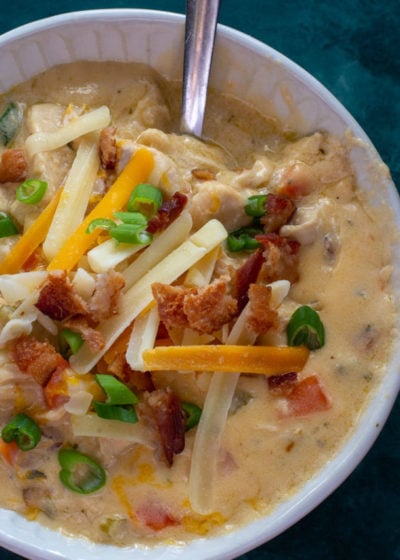 This Chicken Bacon Ranch Soup is the perfect low carb comfort food! Enjoy a bowl of this cheesy chicken soup for about 5 net carbs!