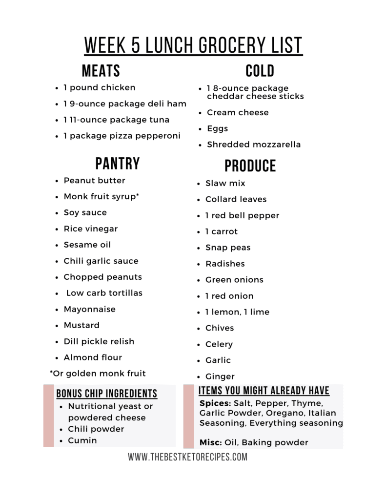 Enjoy these Weekly Keto Lunch Ideas as well as the printable keto grocery list. Easy keto meal planning just got easier with 5 lunches plus a bonus snack recipe!