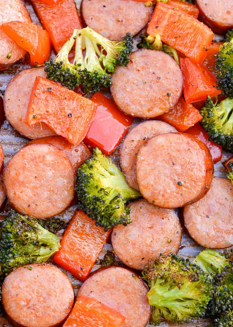 This Keto Sausage Veggie Sheet Pan Dinner uses one pan, is ready in 30 minutes and has 6 net carbs per serving! 