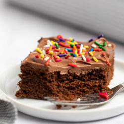A piece of chocolate cake on a plate, covered with chocolate frosting and sprinkles, with a fork in front of it with a bite of cake on it
