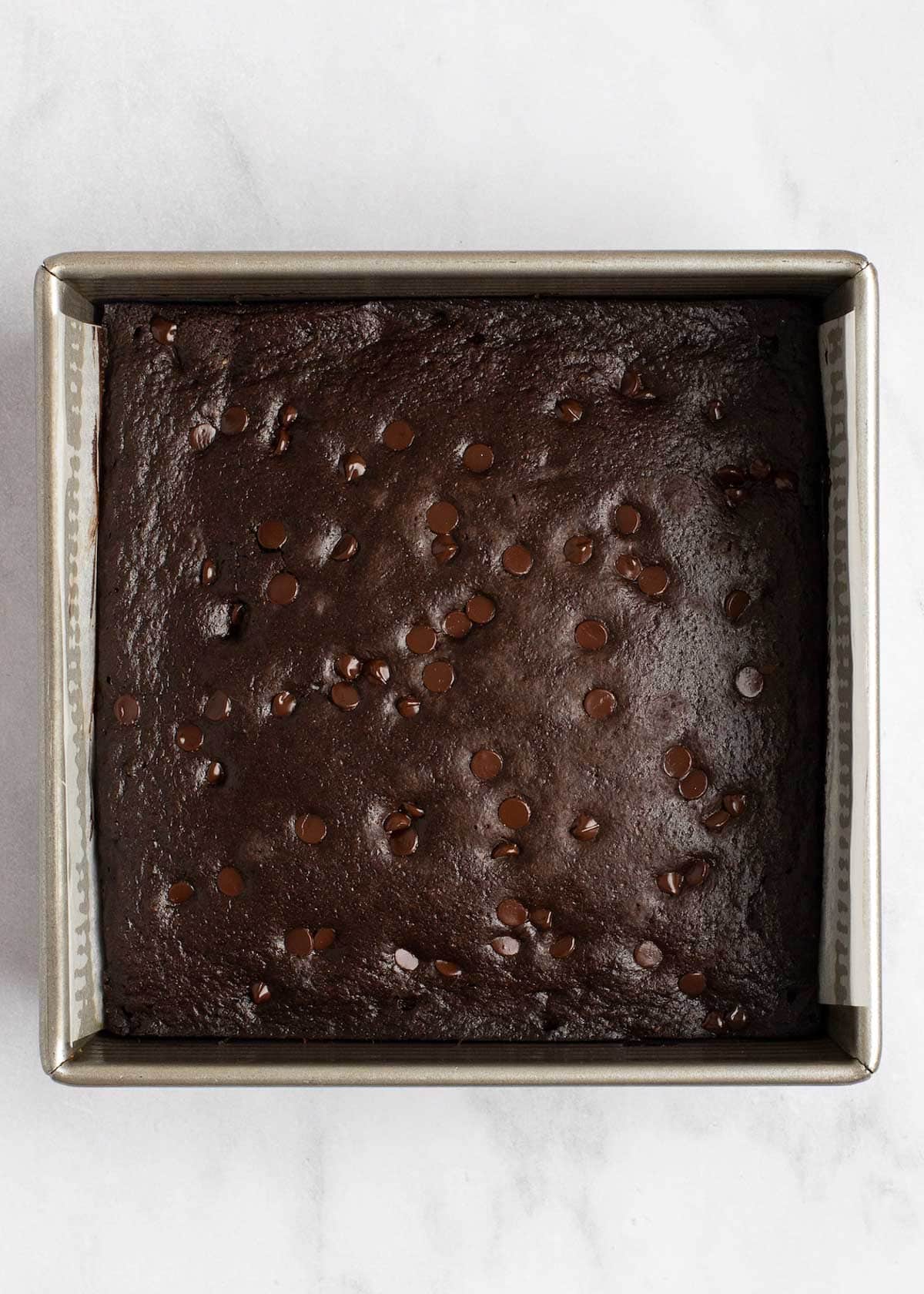 Overhead view of keto brownies in the baking pan