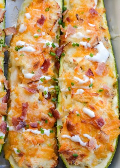 These Chicken Bacon Ranch Zucchini Boats are loaded with tender chicken, crispy bacon and loads of cheese! Each zucchini boat is just 2.5 net carbs each making it the perfect keto dinner!