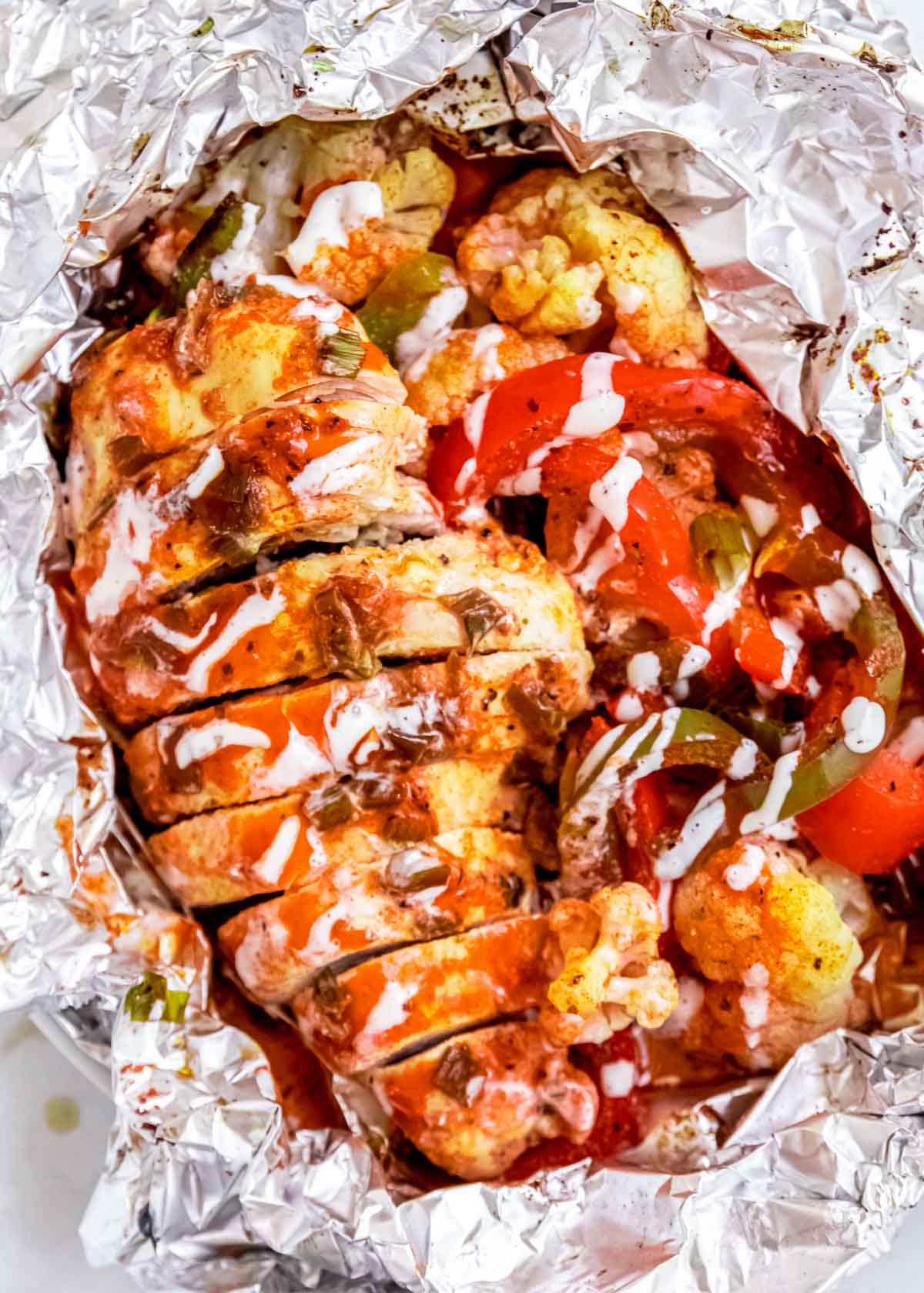 buffalo chicken and vegetables in foil pack