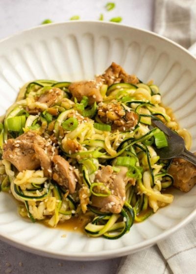 asian chicken zoodles in bowl