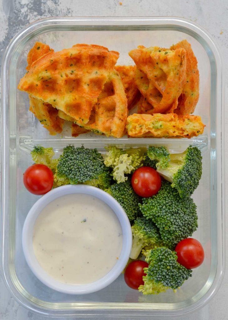 broccoli cheddar chaffles in a dish with vegetables