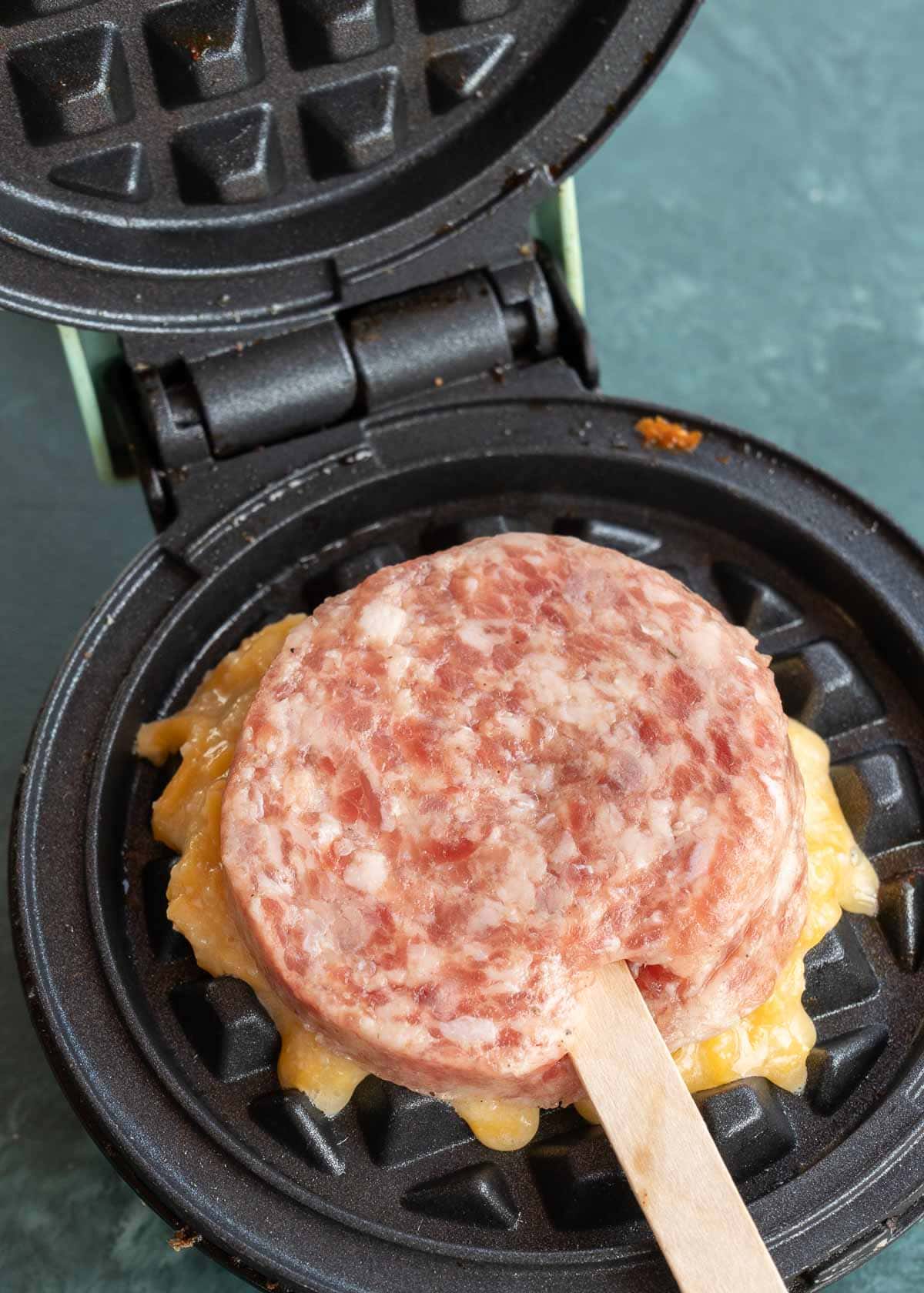sausage patty in wafflemaker
