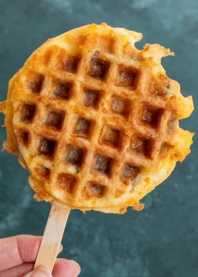 chaffle with sausage on a stick