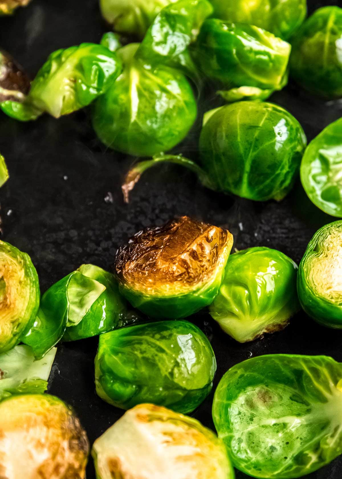 brussels sprouts seared in a pan, closeup