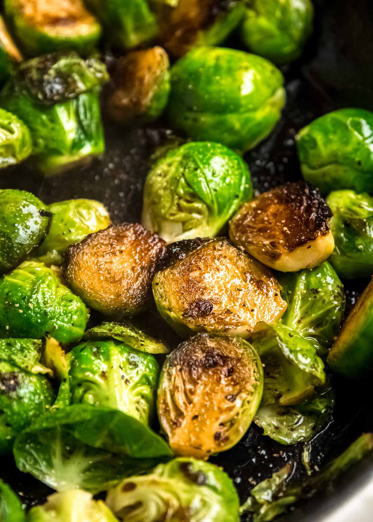 cooked brussels sprouts in a low carb balsamic glaze