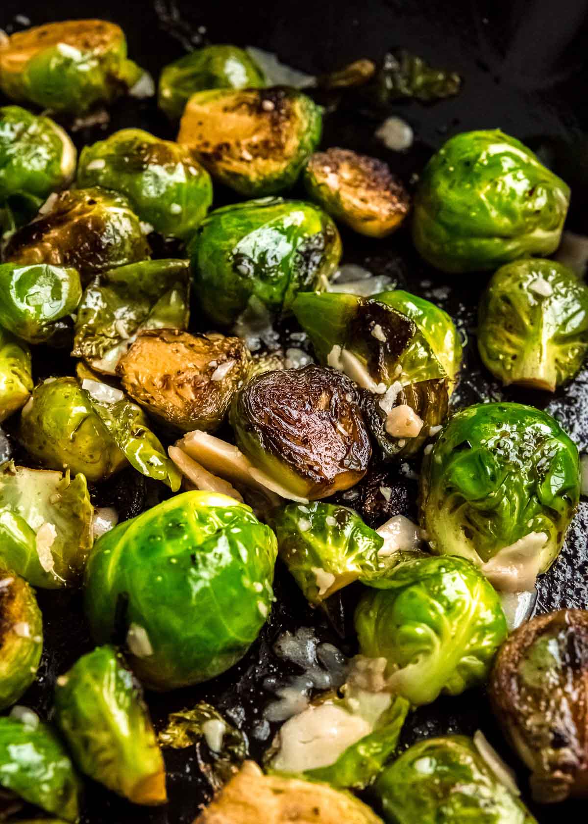 closeup of glazed brussels sprouts (low carb) in a pan