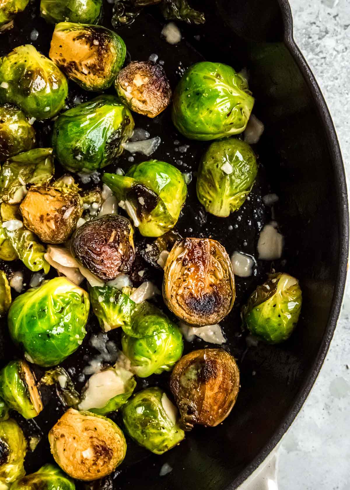 balsamic glazed brussels sprouts overhead shot in a pan