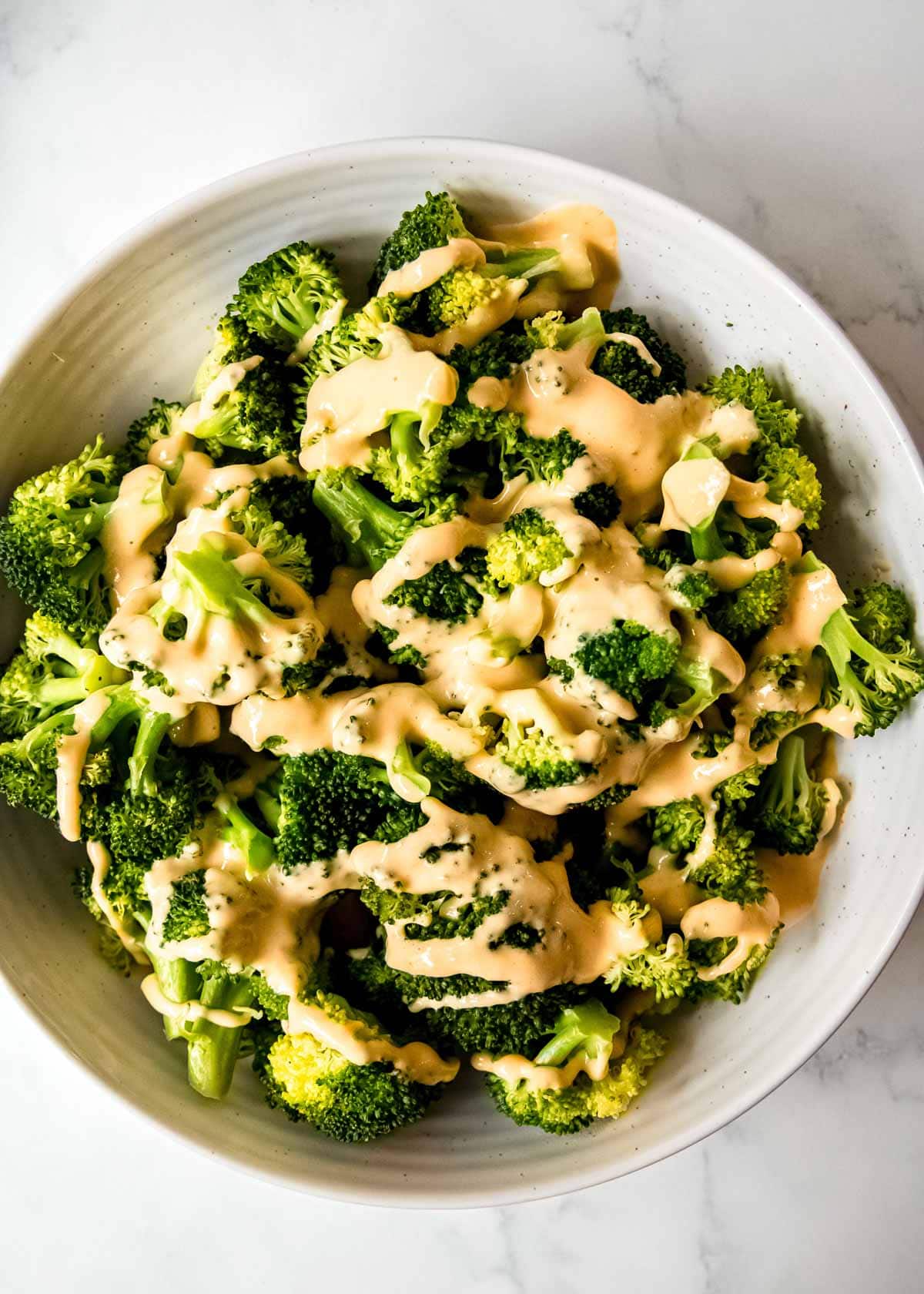 a plate full of broccoli and cheese sauce