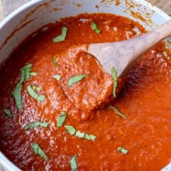 fresh tomato sauce in a pot with a wooden spoon