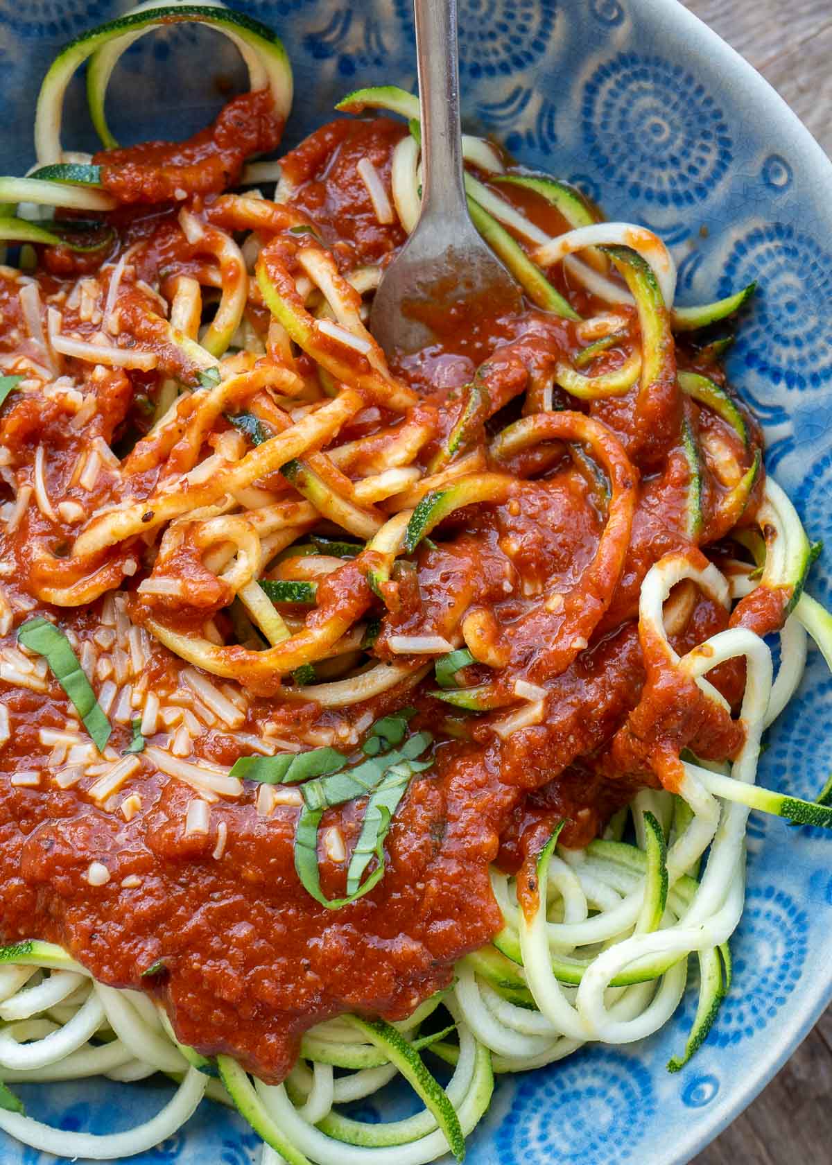 overhead shot of zoodles with sauce