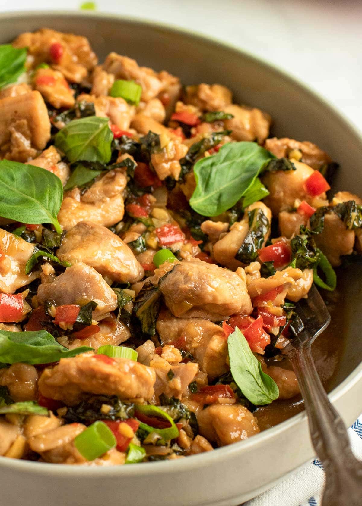 a big bowl full of thai basil chicken, topped with scallions and fresh basil with a spoon on the side.