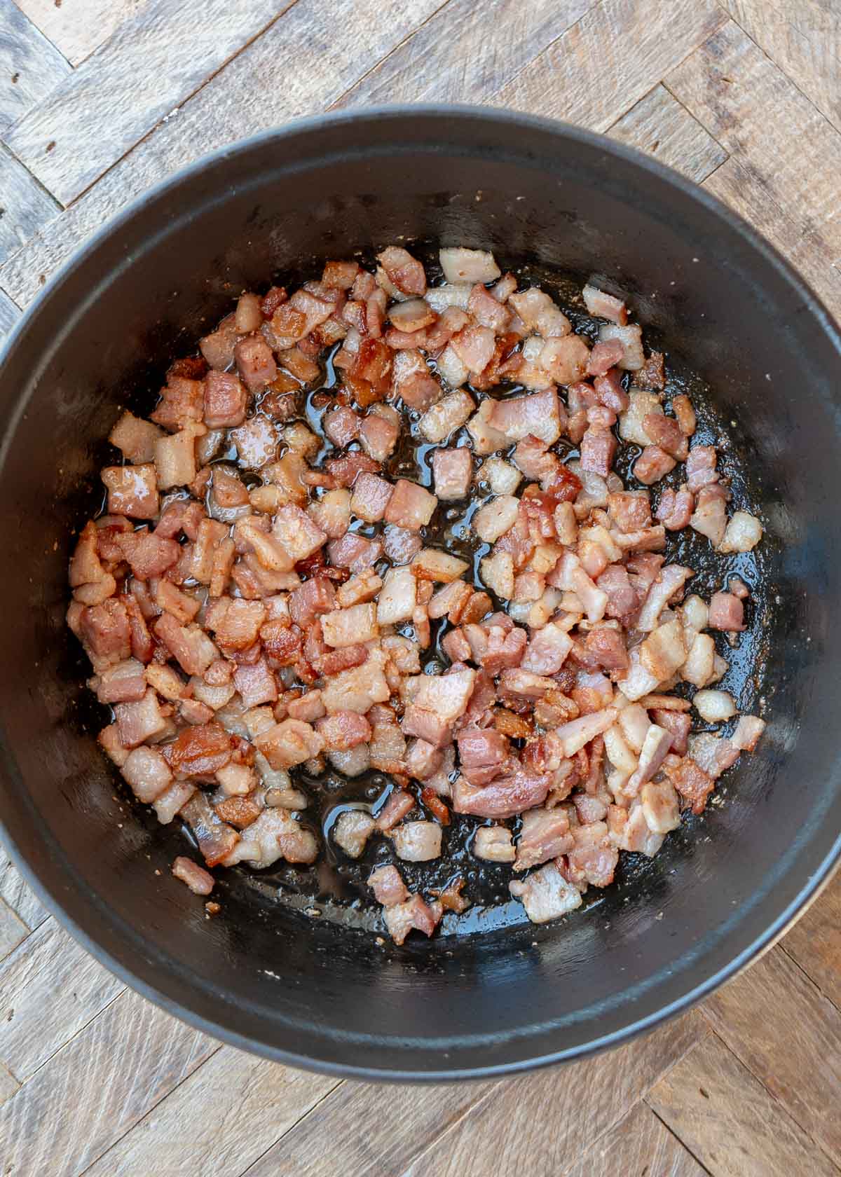 overhead shot of bacon in dutch oven