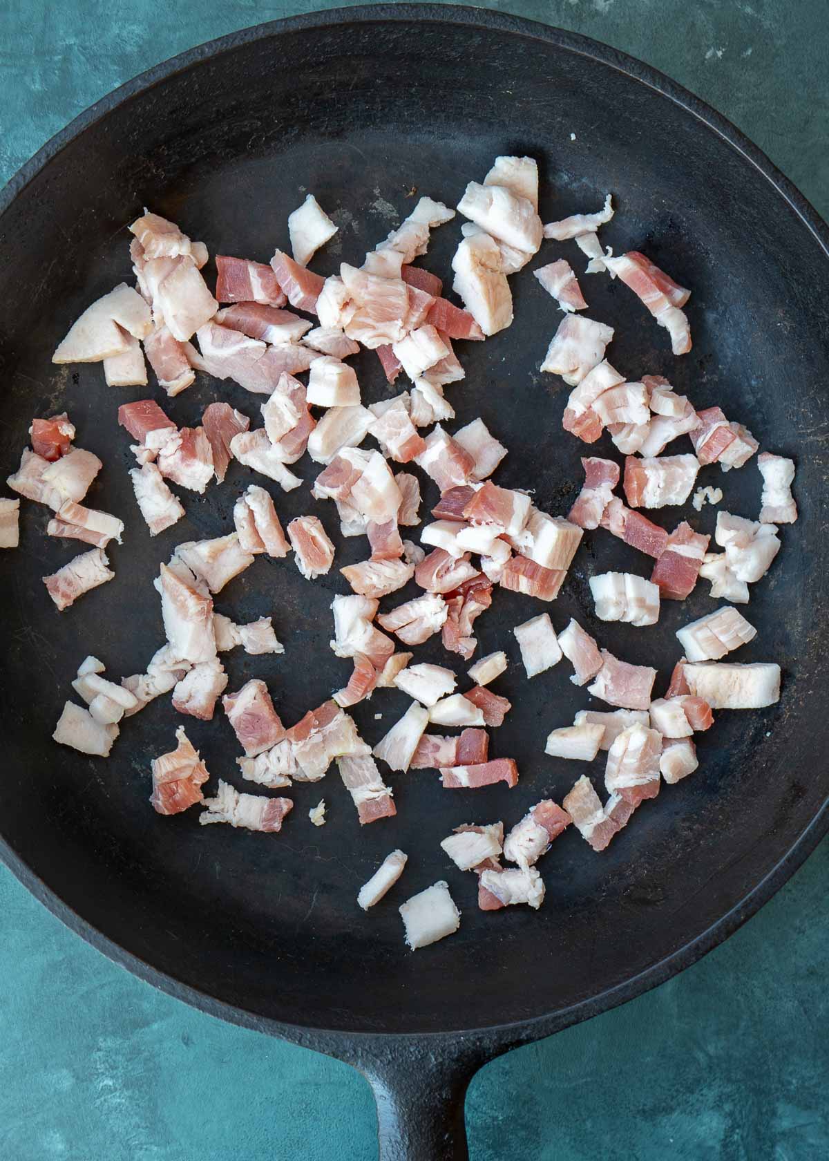 raw bacon in a skillet