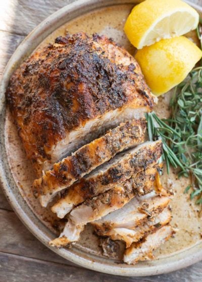 an overhead shot of an herb crusted turkey breast