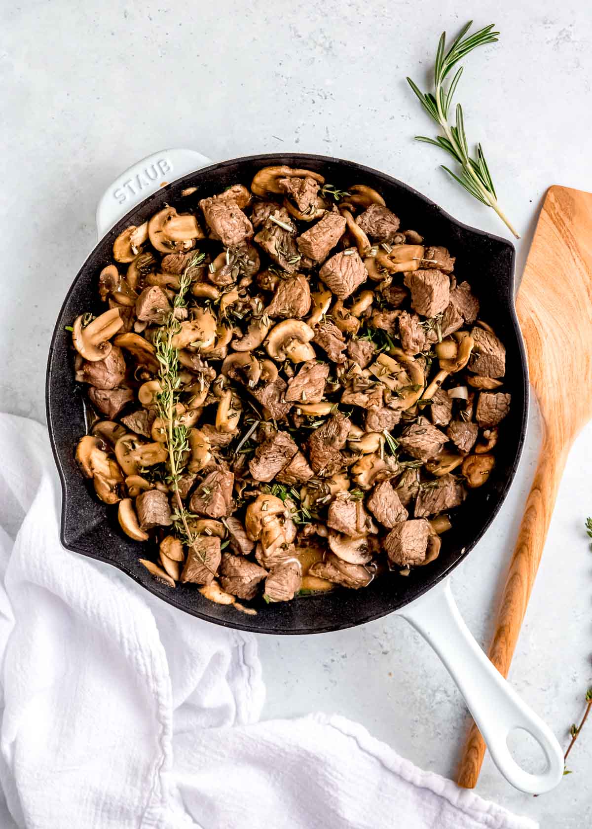 steak and mushroom skillet, overhead shot