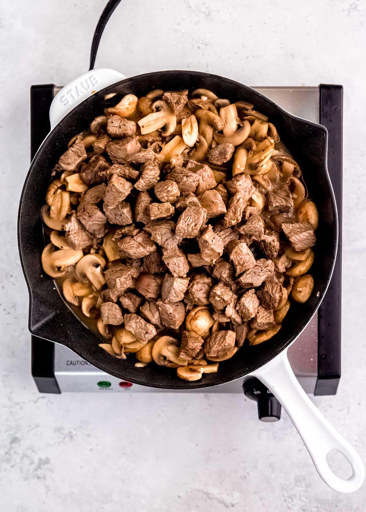 steak cubes added back in with garlic butter mushrooms