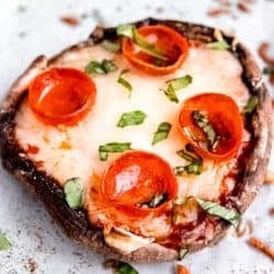 overhead image of a single pizza stuffed mushroom