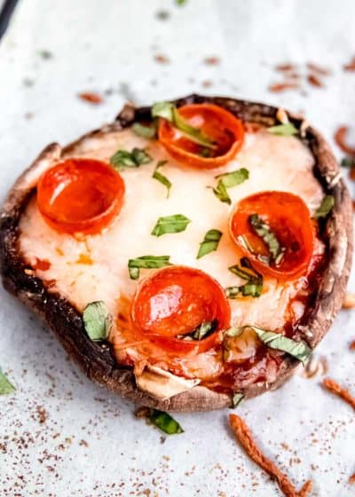 overhead image of a single pizza stuffed mushroom