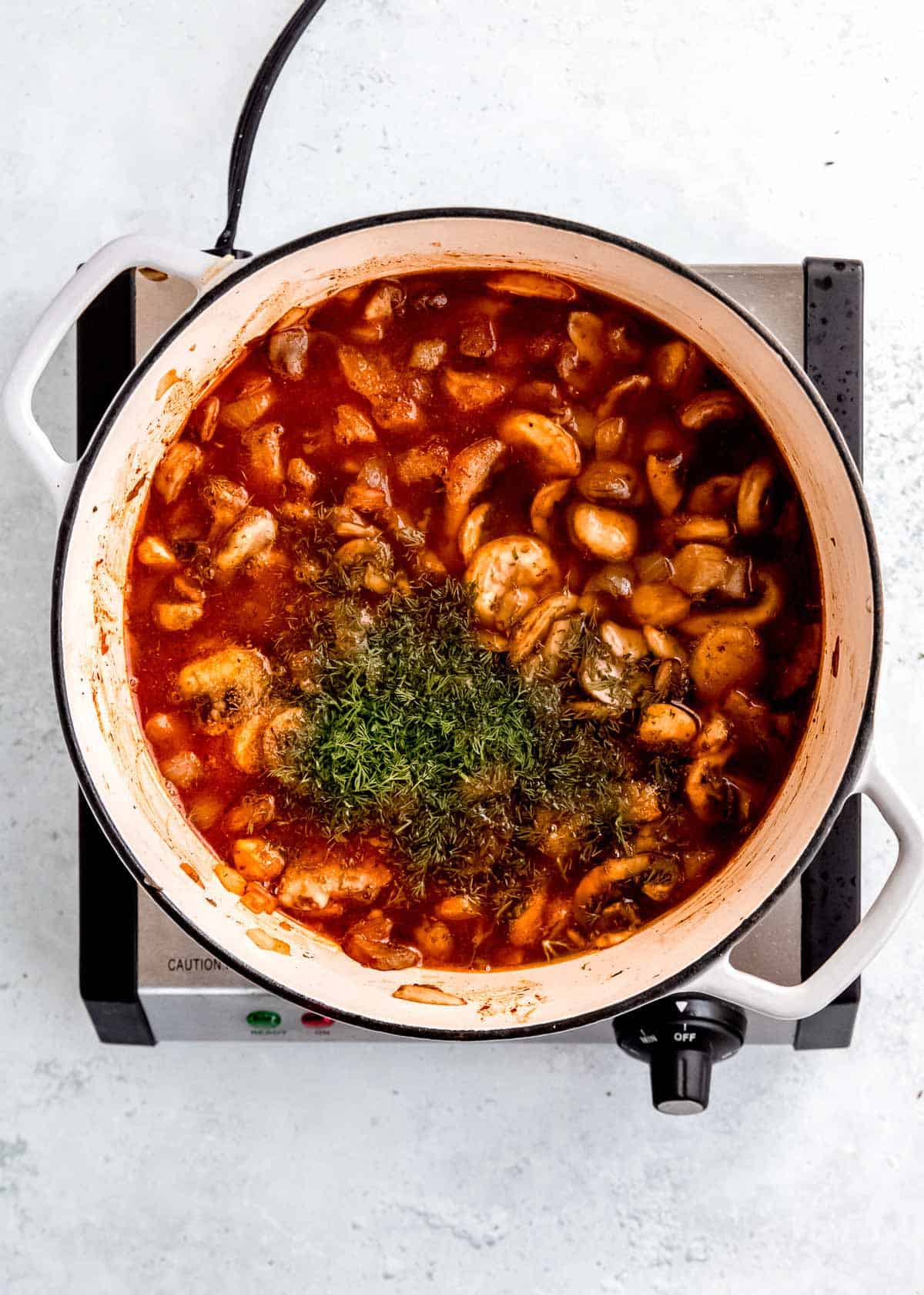 mushrooms, broth and dill in a dutch oven