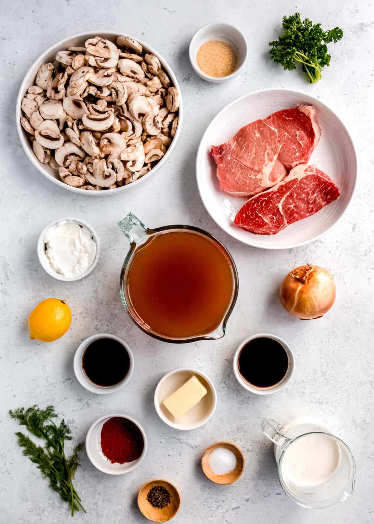 an overhead shot of steak and mushroom soup