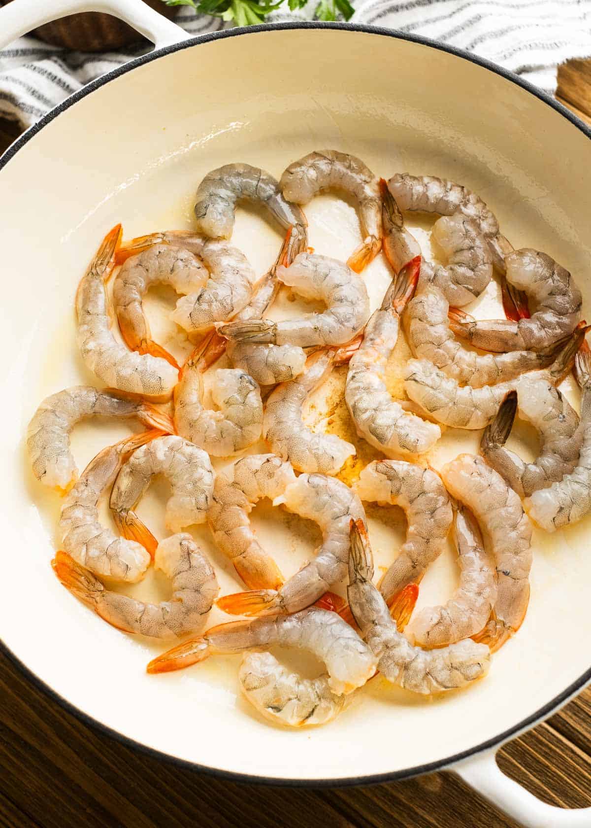 raw shrimp in a pan