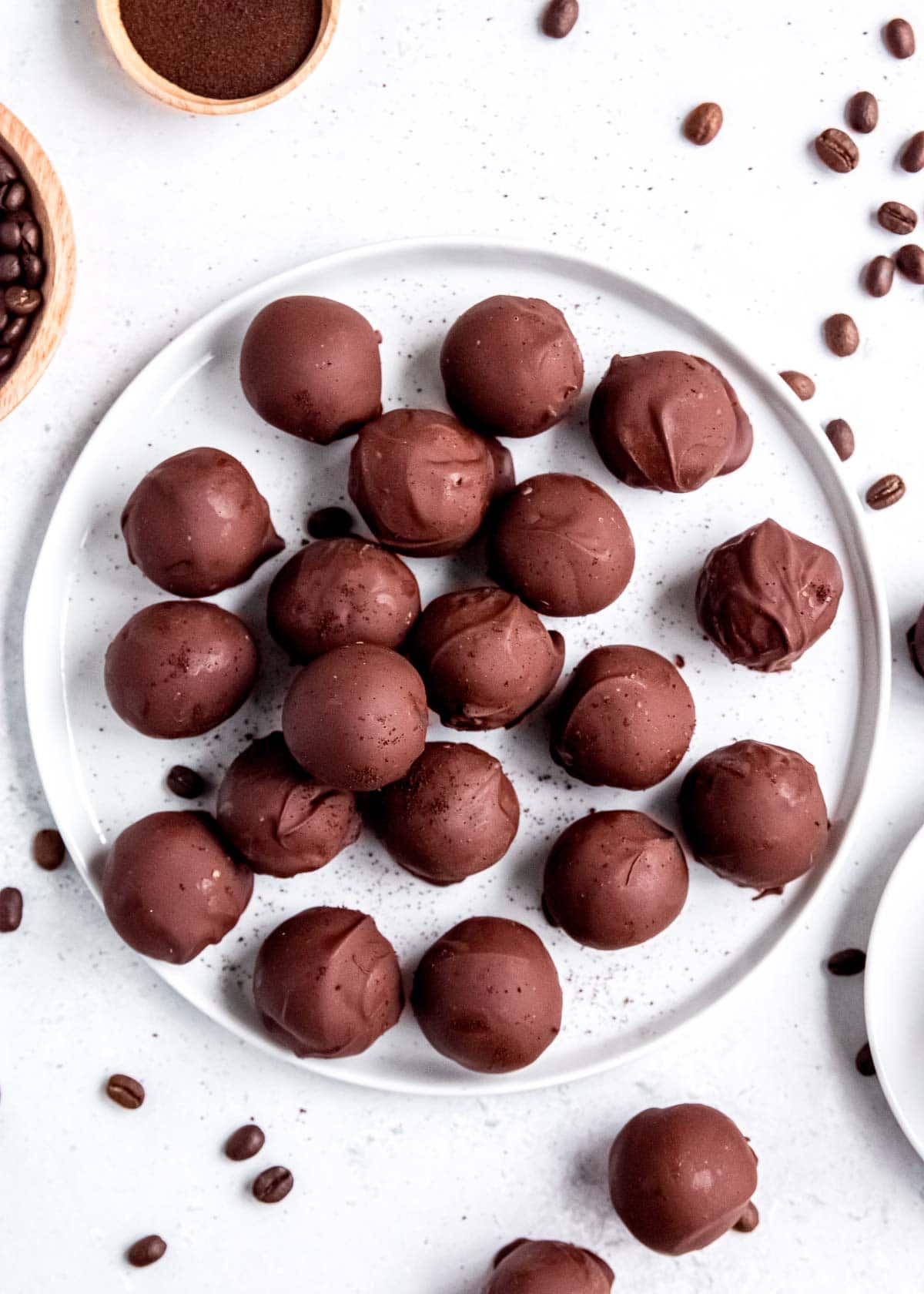 espresso truffles on a white plate 