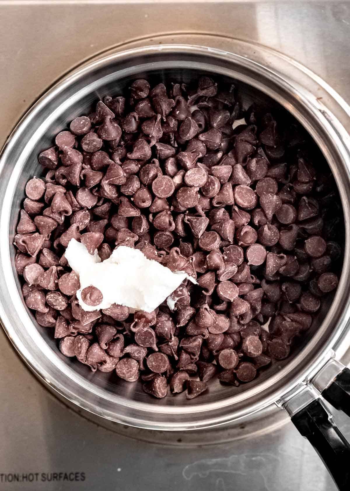 overhead image of chocolate truffle coating ingredients in a pot