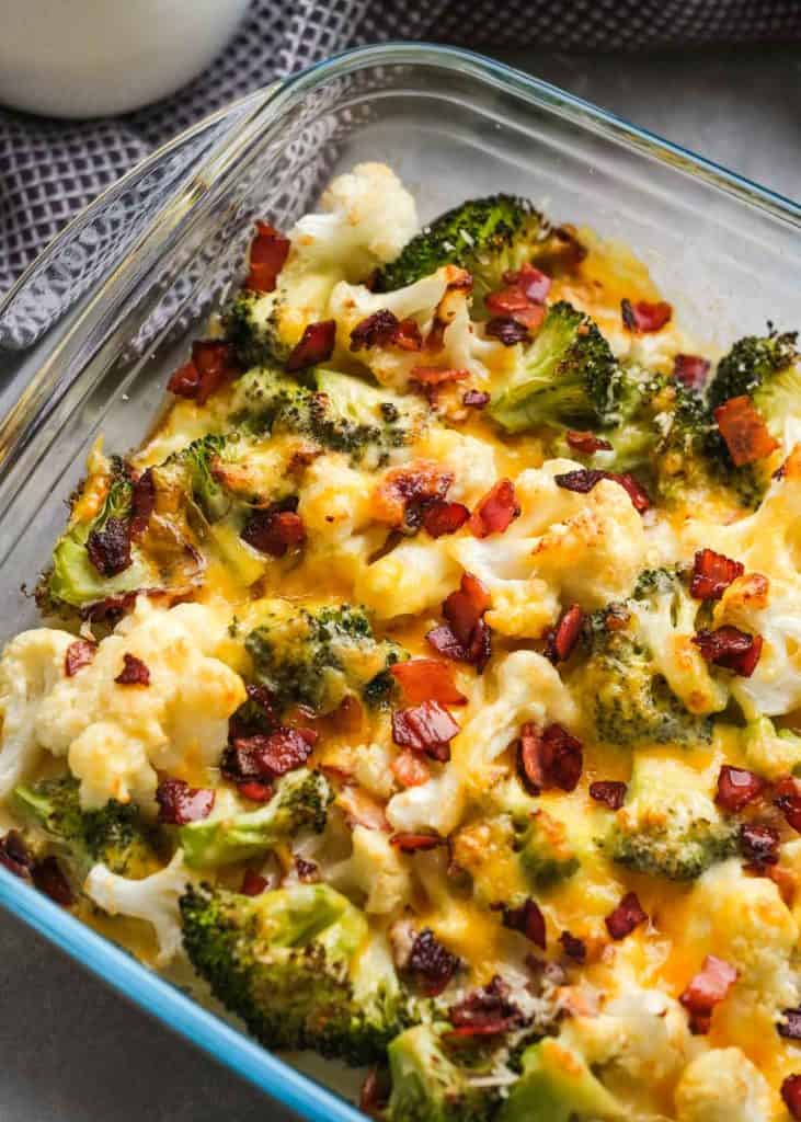 closeup view of cheesy broccoli cauliflower casserole