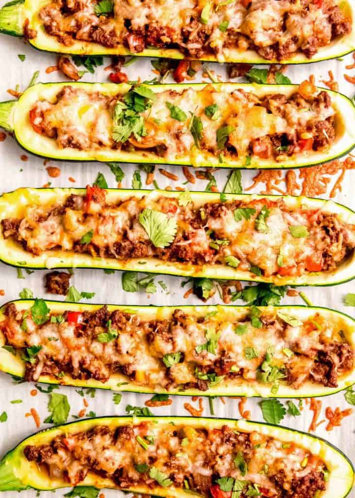 overhead shot of beef enchilada zucchini boats