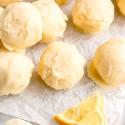 close up image of lemon truffles on linked baking sheet