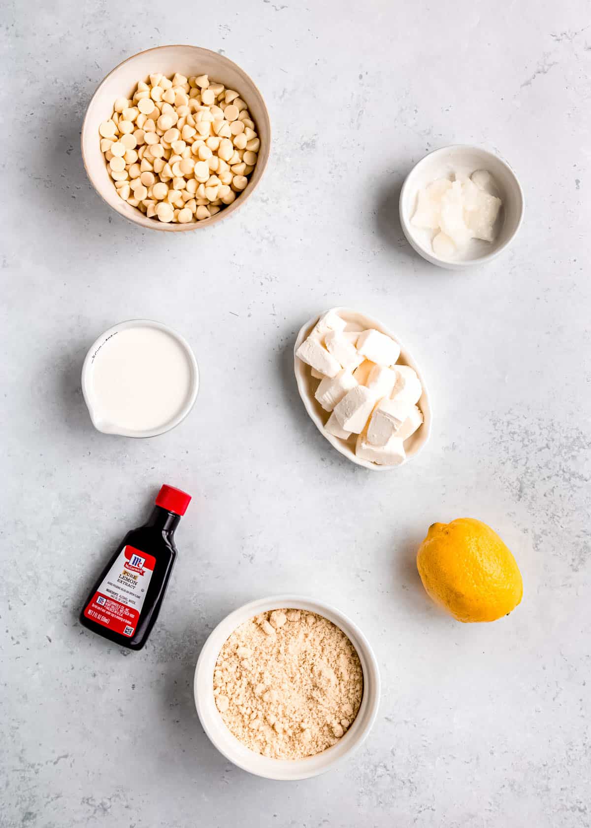 overhead image of lemon truffle ingredients on a white background