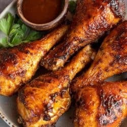 a plate with five bbq chicken legs and a ramekin of bbq sauce