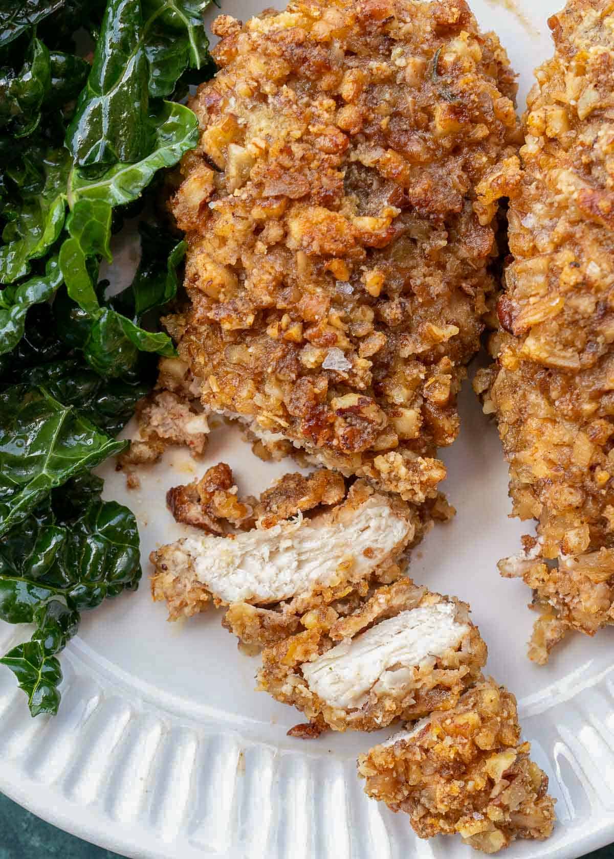 super juicy sliced pecan crusted chicken with