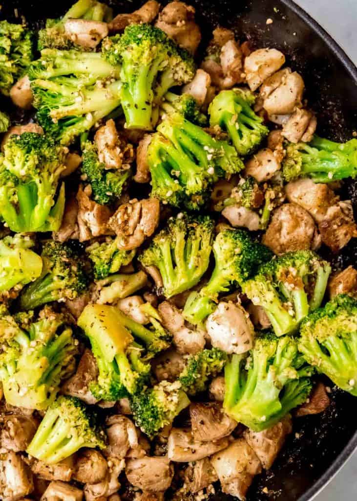 garlic butter chicken and broccoli in a skillet