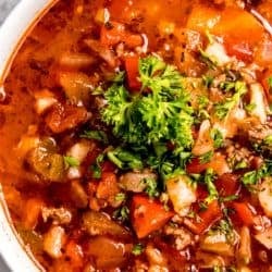 close up, overhead image of stuffed pepper soup