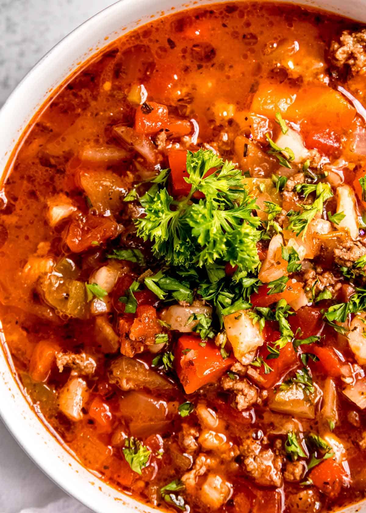 close up, overhead image of stuffed pepper soup